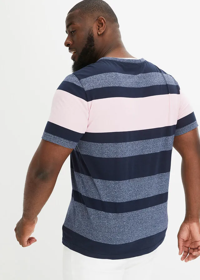 Camiseta con cuello henley azul marino-rosa-blanco rayas horizontales