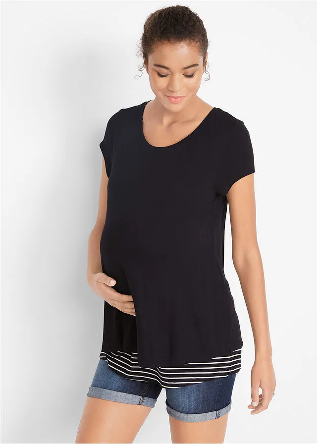 Camiseta de maternidad con función para lactancia Negro-blanco de rayas