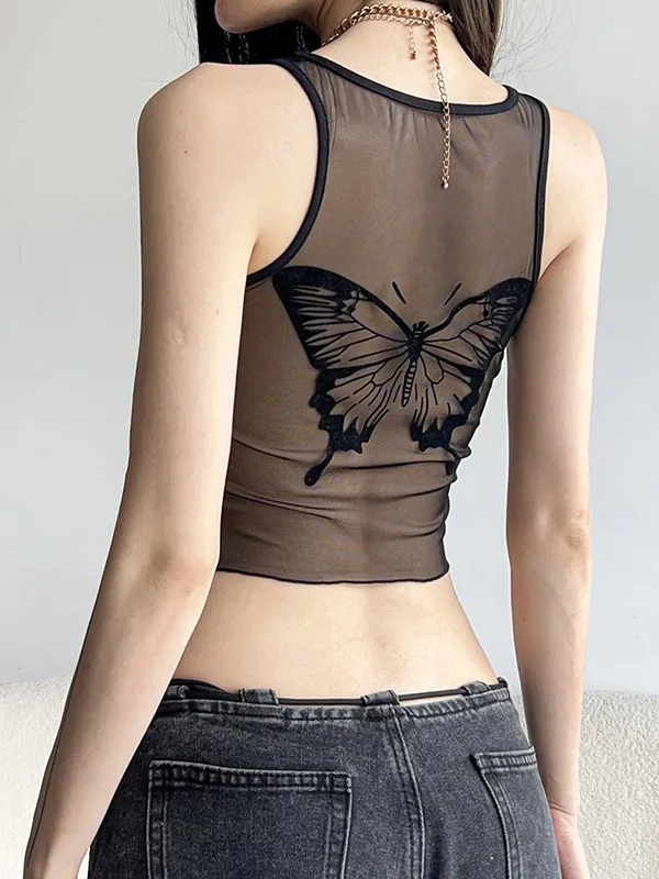 Camiseta sin mangas de malla transparente con estampado de mariposas en la espalda