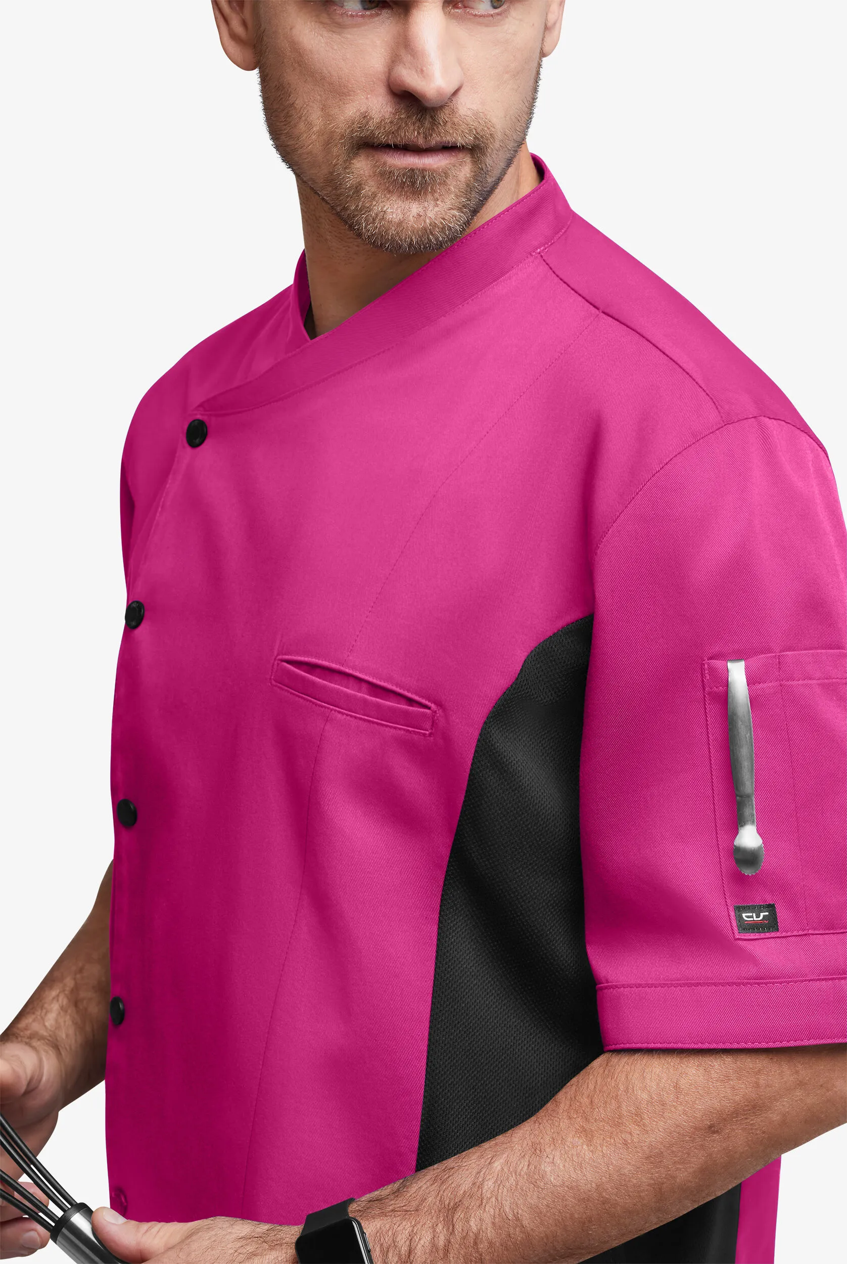 Chaqueta manga corta de gastronomía de corte clásico con botones a presión y paneles de malla para hombre