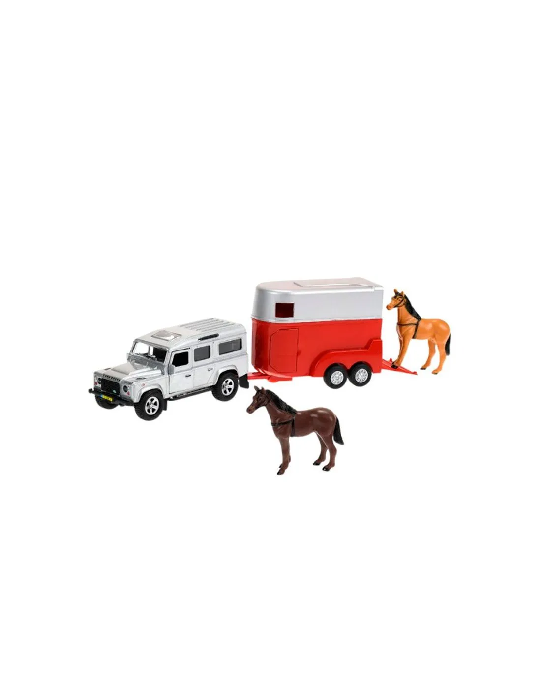 Juguete coche Land Rover gris con van & caballos