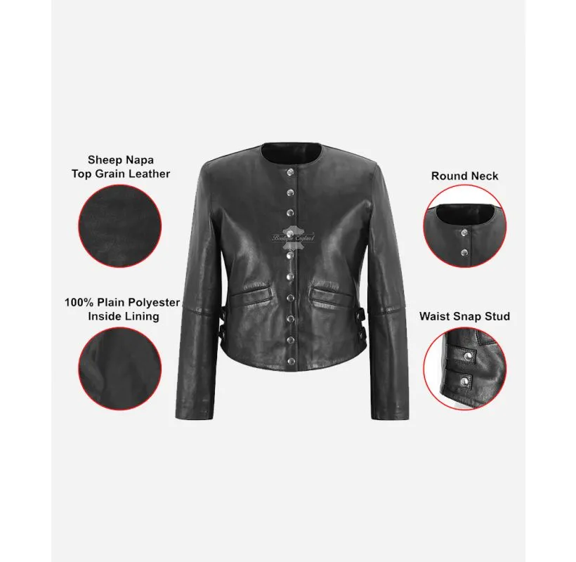 Kristen Collarless Leather Jacket Ladies Slim Fit Round Neck Jacket