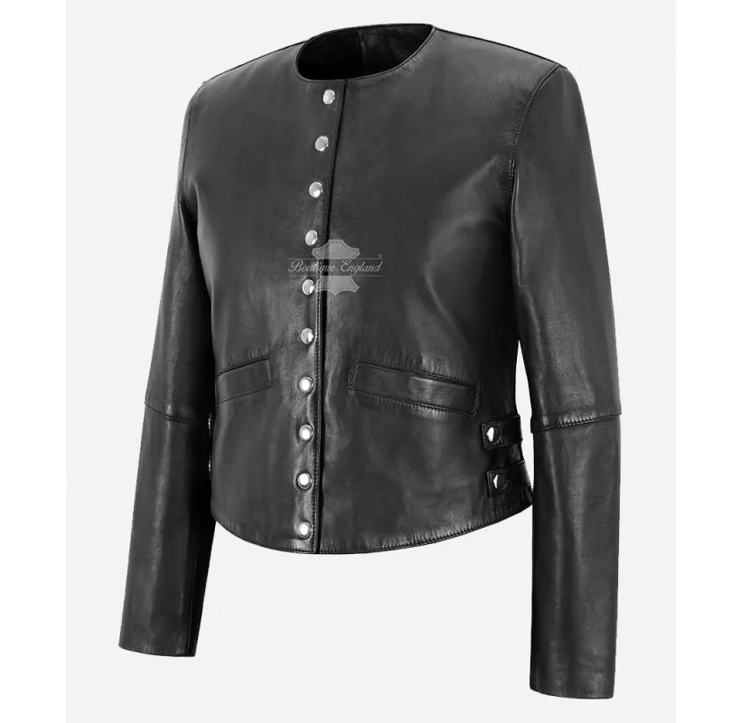 Kristen Collarless Leather Jacket Ladies Slim Fit Round Neck Jacket