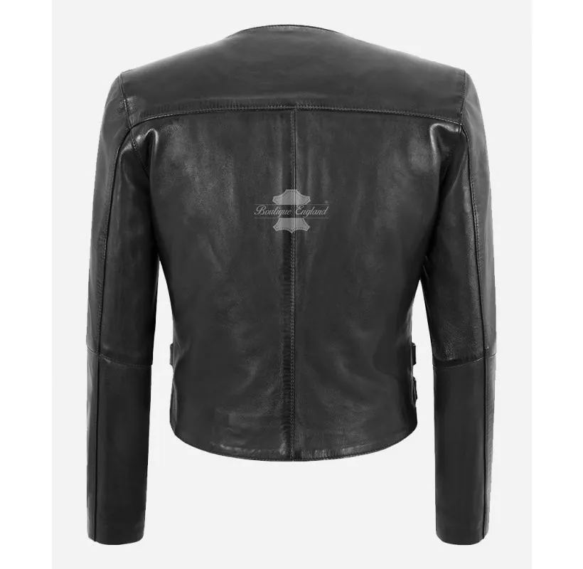 Kristen Collarless Leather Jacket Ladies Slim Fit Round Neck Jacket