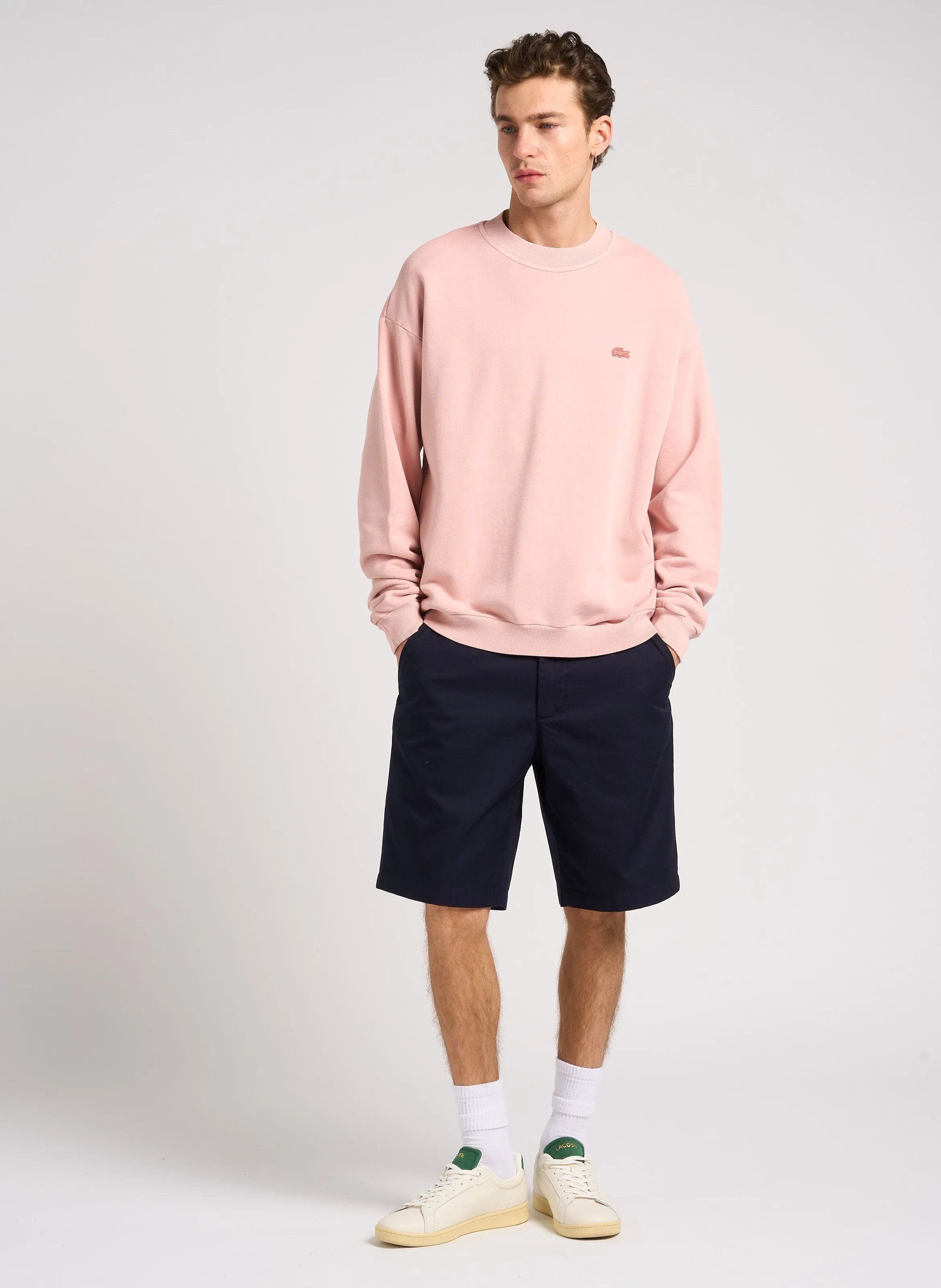 LACOSTE Sudadera oversize de algodón con cuello redondo en rosa