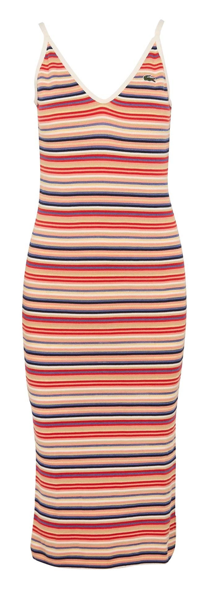 LACOSTE Vestido midi recto con escote en V en mezcla de algodón a rayas en multicolor