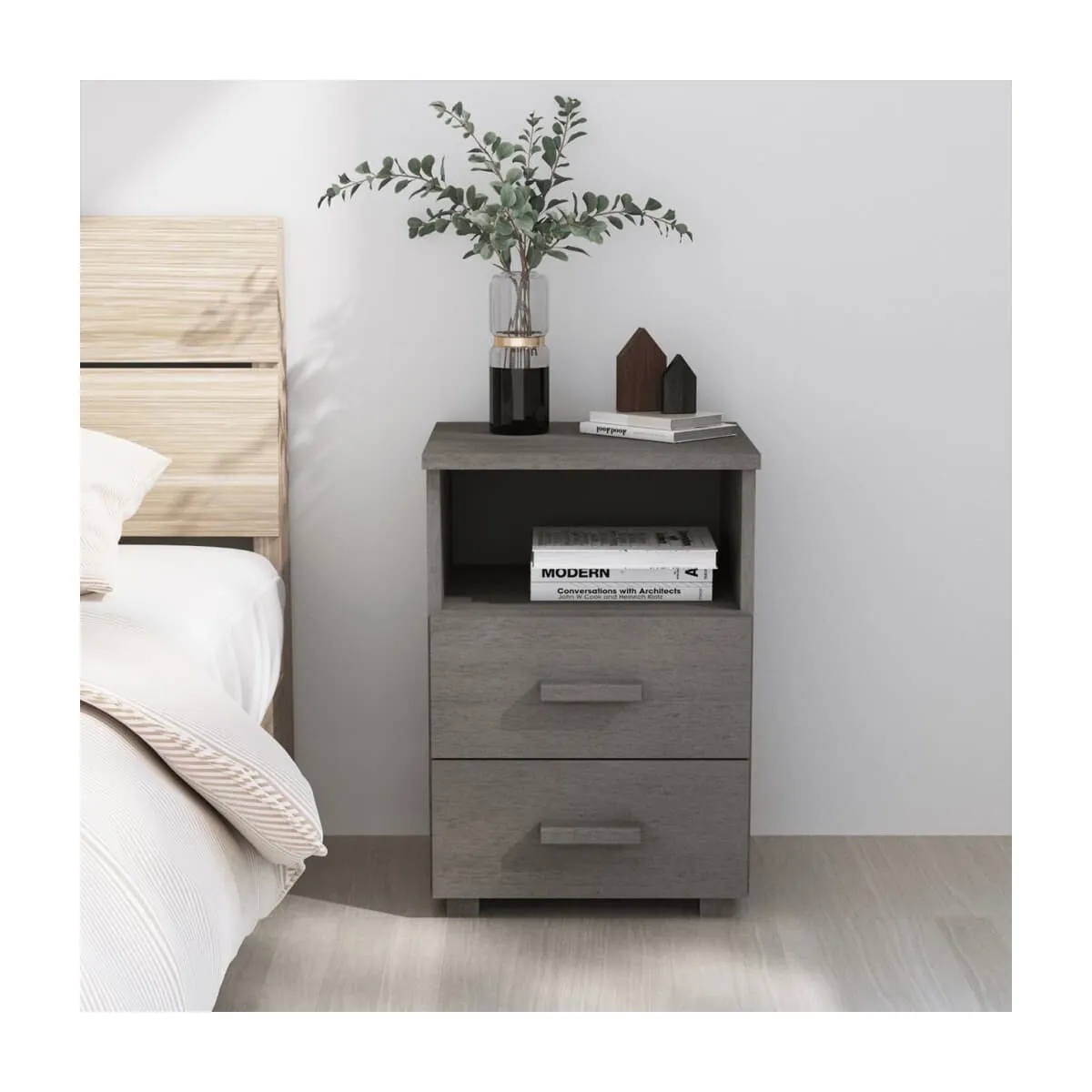 Mesita de noche HAMAR madera pino maciza gris claro 40x35x62