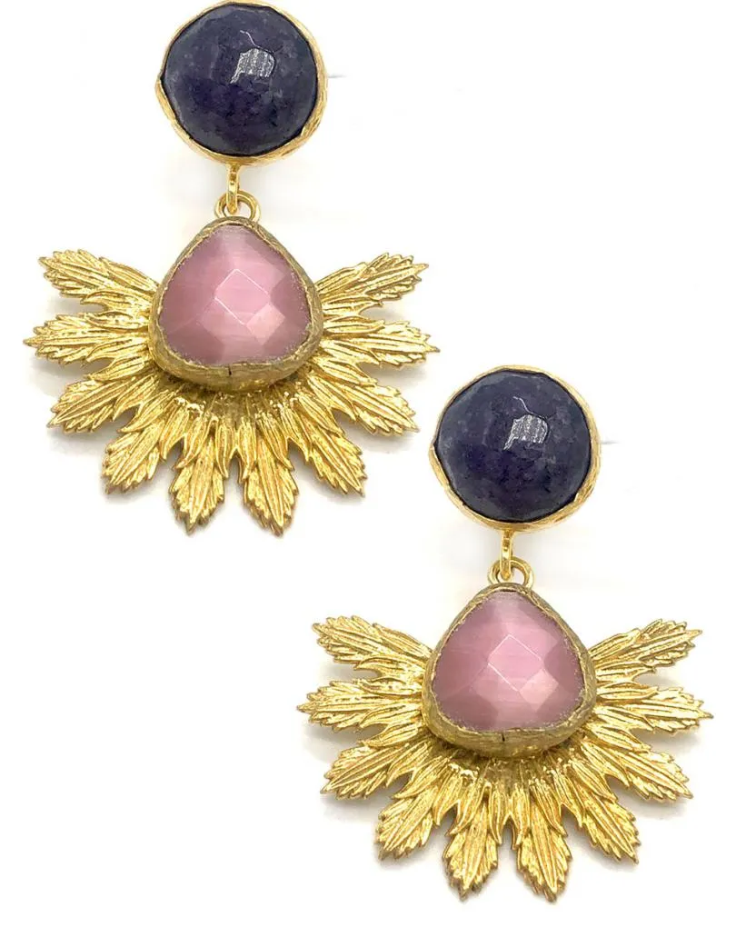 PENDIENTES DORADOS CON PIEDRA NATURAL MORADA Y ROSA