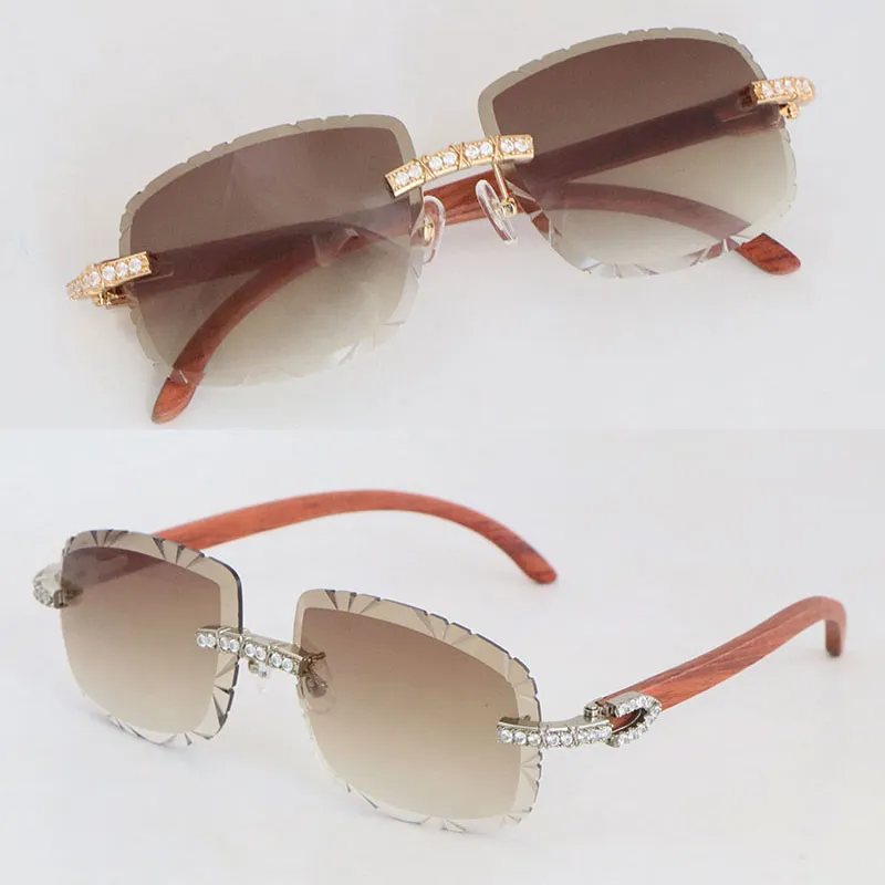 Venta de gafas de sol de madera con diamantes grandes de lujo para hombre, gafas sin montura de madera originales para mujer 820